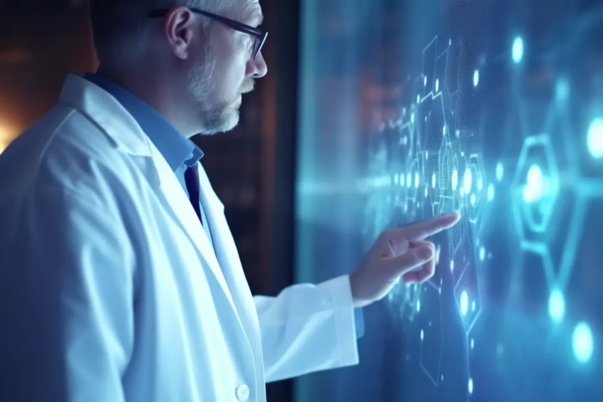 A scientist or doctor wearing a white lab coat touches a digital touchscreen displaying data. The screen shows glowing blue diagrams and connections.