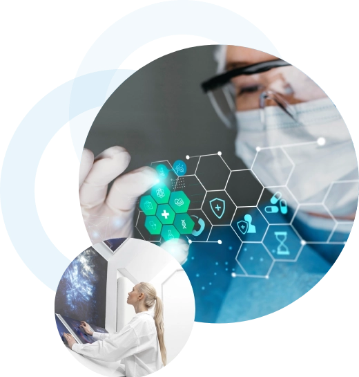 A composite digital image featuring a scientist in protective gear examining a sample, with futuristic medical technology icons overlaying the scene. In the lower left, a female researcher interacts with a digital display, symbolizing advanced healthcare and scientific research.